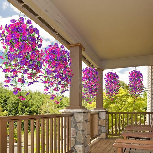 Artificial Hanging Flowers for Outdoors, 2 Packs Fake Flowers Silk Morning Glory with Eucalyptus UV Resistant Realistic Petunias Hanging Faux Plants Vine for Home Patio Porch Garden Planter Decor in Saudi Arabia