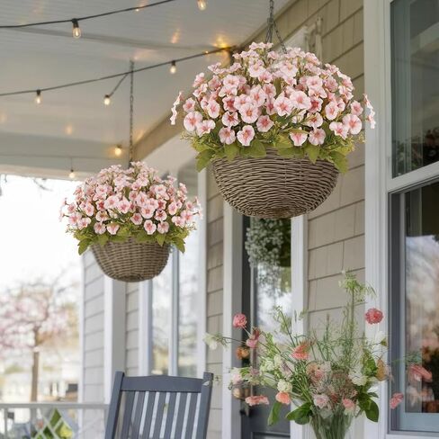 CISDUEO 4 Pcs Artificial Flowers for Outdoors Fall Decor Fake Flowers Pink Silk Morning Glory Petunias Realistic UV Resistant Faux Mums Flowers for Outdoor Planters Porch Patio Graves Hanging Outside in Saudi Arabia
