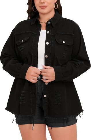 Women's Oversized Denim Jacket,Jean Jacket Women Ripped Distressed Boyfriend Frayed Hem Womens Denim Jackets Pockets in Saudi Arabia