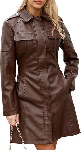 Sexyshine Women's Mid-Length Faux Leather Trench Coat Long Sleeve Lapel Zip Up Long Windbreaker Leather Outerwear with Belt in Saudi Arabia