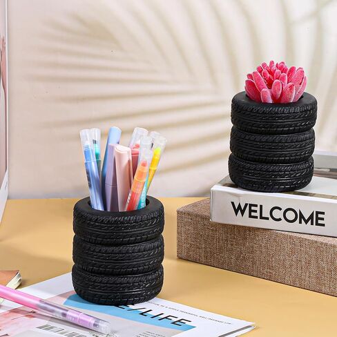 4 Pcs Tire Shaped Pen Holder, Car Tire Planter Holder for Men, Mechanic Gift, Desk Office Home Accessories Decor, Christmas Novelty Funny Supplies, Cactus Succulent Planter Pot in Kuwait