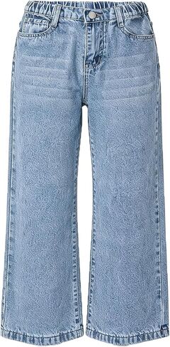 Girls Wide Leg Jeans Elastic Waistband Light Blue Water Ripple Straight Leg Denim Pants for 8-12 Years Old Kids in Kuwait