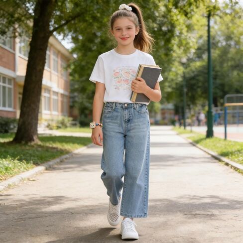 Girls Wide Leg Jeans Elastic Waistband Light Blue Water Ripple Straight Leg Denim Pants for 8-12 Years Old Kids in Kuwait