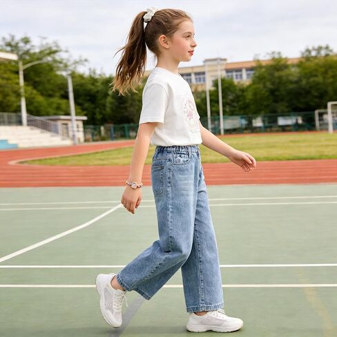 Girls Wide Leg Jeans Elastic Waistband Light Blue Water Ripple Straight Leg Denim Pants for 8-12 Years Old Kids in Kuwait