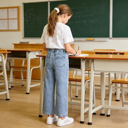Girls Wide Leg Jeans Elastic Waistband Light Blue Water Ripple Straight Leg Denim Pants for 8-12 Years Old Kids in Kuwait