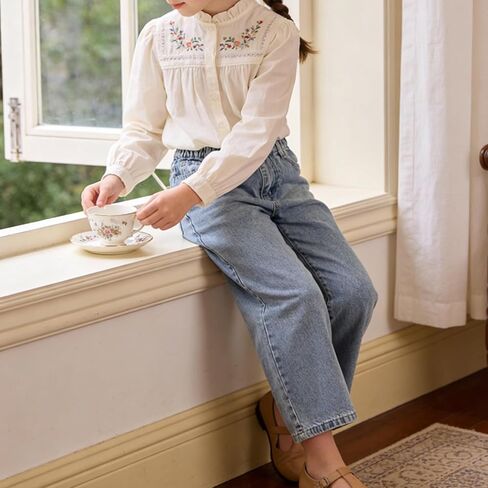 Girls Wide Leg Jeans Elastic Waistband Light Blue Water Ripple Straight Leg Denim Pants for 8-12 Years Old Kids in Kuwait