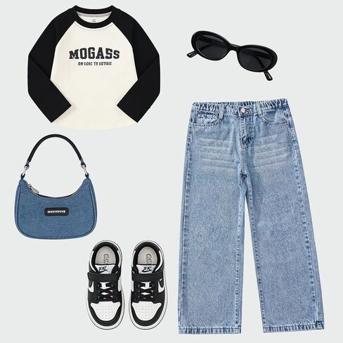 Girls Wide Leg Jeans Elastic Waistband Light Blue Water Ripple Straight Leg Denim Pants for 8-12 Years Old Kids in Kuwait