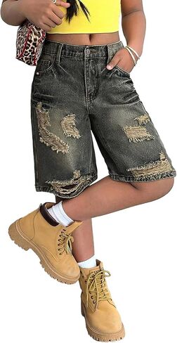 Girls Jean Shorts Y2k Baggy Ripped High Elastic Waisted Bermuda Denim Shorts Casual Wide Leg Streetwear 7-14Y in Kuwait