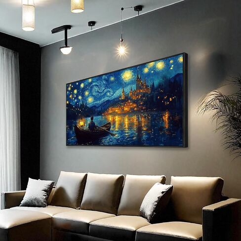 Wall Art Canvas Print Starry Night Over the Rhone by Van Gogh 20 x 40 inches Framed Home Artwork Decor Canvas Art Painting Living Room for Bedroom Office Wall Decor in Saudi Arabia