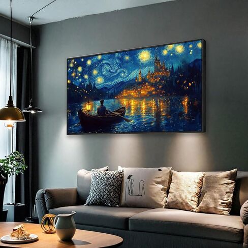 Wall Art Canvas Print Starry Night Over the Rhone by Van Gogh 20 x 40 inches Framed Home Artwork Decor Canvas Art Painting Living Room for Bedroom Office Wall Decor in Saudi Arabia