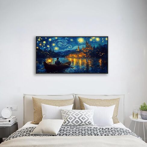 Wall Art Canvas Print Starry Night Over the Rhone by Van Gogh 20 x 40 inches Framed Home Artwork Decor Canvas Art Painting Living Room for Bedroom Office Wall Decor in Saudi Arabia