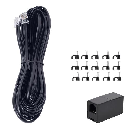 Phone Extension Cord 15 FT Long Phone Cable Line Wire, with Standard RJ11 Plug andIncludes Telephone Inline Coupler RJ11 Splitter and 15 Cable Clip Holders, Black in Kuwait