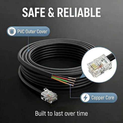 Phone Extension Cord 15 FT Long Phone Cable Line Wire, with Standard RJ11 Plug andIncludes Telephone Inline Coupler RJ11 Splitter and 15 Cable Clip Holders, Black in Kuwait