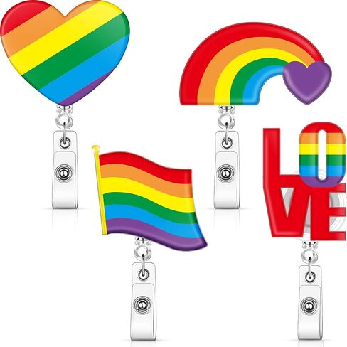 Gueevin 4 قطع قوس قزح شارة بكرة قوس قزح شارة حامل قابل للسحب معرف شارة بكرة LGBT شارة حامل مع مشبك التمساح الدوار للنساء الرجال مكتب مفتاح بطاقة اسم العلامة، 4 أنماط in Kuwait
