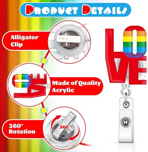 Gueevin 4 قطع قوس قزح شارة بكرة قوس قزح شارة حامل قابل للسحب معرف شارة بكرة LGBT شارة حامل مع مشبك التمساح الدوار للنساء الرجال مكتب مفتاح بطاقة اسم العلامة، 4 أنماط in Kuwait