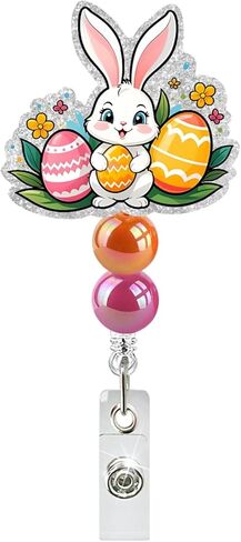 Easter Badge Reel Cute Bunny Badge Holder Cute Glitter Flower Easter Eggs ID Name Card Retractable Badge Holder with Alligator Clip Acrylic Easter Holiday Gifts for Nurse Nursing Student Teacher in Saudi Arabia