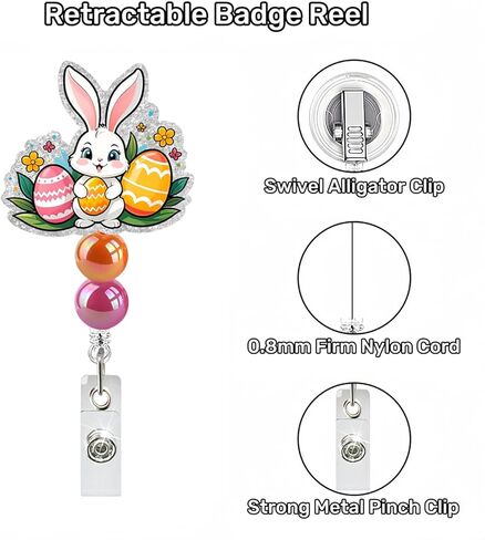 Easter Badge Reel Cute Bunny Badge Holder Cute Glitter Flower Easter Eggs ID Name Card Retractable Badge Holder with Alligator Clip Acrylic Easter Holiday Gifts for Nurse Nursing Student Teacher in Saudi Arabia