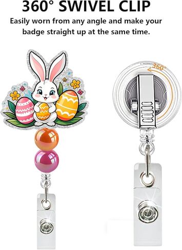 Easter Badge Reel Cute Bunny Badge Holder Cute Glitter Flower Easter Eggs ID Name Card Retractable Badge Holder with Alligator Clip Acrylic Easter Holiday Gifts for Nurse Nursing Student Teacher in Saudi Arabia