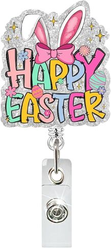 Easter Badge Reel Cute Bunny Badge Holder Cute Glitter Flower Easter Eggs ID Name Card Retractable Badge Holder with Alligator Clip Acrylic Easter Holiday Gifts for Nurse Nursing Student Teacher in Saudi Arabia
