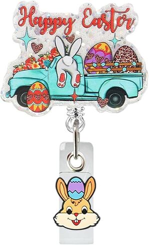 Easter Badge Reel Cute Bunny Badge Holder Cute Glitter Flower Easter Eggs ID Name Card Retractable Badge Holder with Alligator Clip Acrylic Easter Holiday Gifts for Nurse Nursing Student Teacher in Saudi Arabia