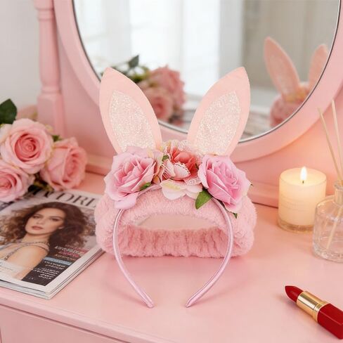 ASIJUNTYECHO Easter Bunny Ears headband,Pink Bunny Ears Flower Headband Easter Hair Accessories,Easter Wedding Birthday Party Rabbit Cosplay Costume Accessories in Kuwait