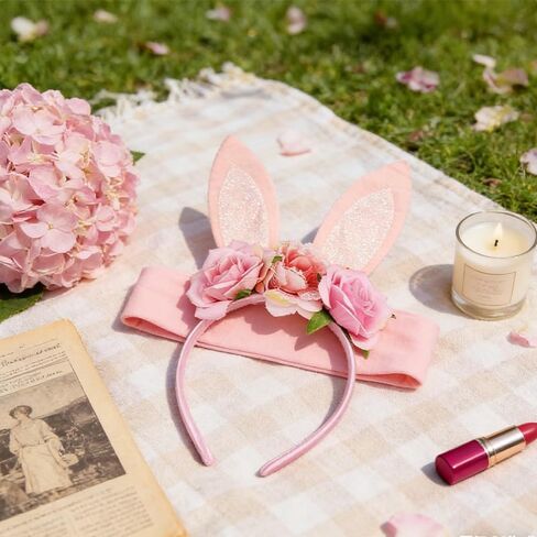 ASIJUNTYECHO Easter Bunny Ears headband,Pink Bunny Ears Flower Headband Easter Hair Accessories,Easter Wedding Birthday Party Rabbit Cosplay Costume Accessories in Kuwait