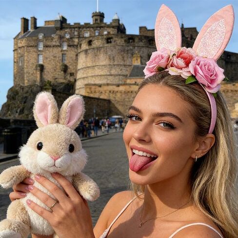 ASIJUNTYECHO Easter Bunny Ears headband,Pink Bunny Ears Flower Headband Easter Hair Accessories,Easter Wedding Birthday Party Rabbit Cosplay Costume Accessories in Kuwait