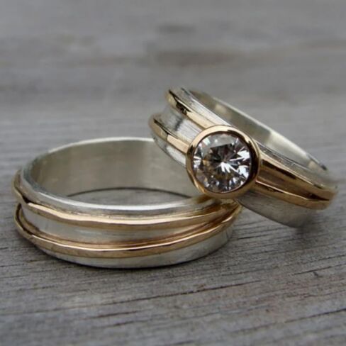 2 Pcs/Set Retro Two Tone Zirconia Wide Rings Set for Women Daily Party Holiday Fashion Jewelry in Saudi Arabia