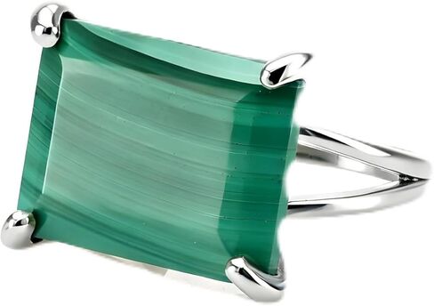 خاتم الملكيت بقطع الزمرد - خاتم من الفضة الإسترليني عيار 925 من الأحجار الكريمة - مجوهرات من الحجر المستطيل الأخضر - مجوهرات فضية حديثة - خواتم أحجار كريمة جريئة للسيدات in Kuwait