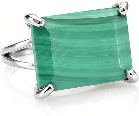 خاتم الملكيت بقطع الزمرد - خاتم من الفضة الإسترليني عيار 925 من الأحجار الكريمة - مجوهرات من الحجر المستطيل الأخضر - مجوهرات فضية حديثة - خواتم أحجار كريمة جريئة للسيدات in Kuwait