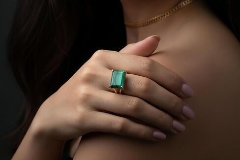 خاتم الملكيت بقطع الزمرد - خاتم من الفضة الإسترليني عيار 925 من الأحجار الكريمة - مجوهرات من الحجر المستطيل الأخضر - مجوهرات فضية حديثة - خواتم أحجار كريمة جريئة للسيدات in Kuwait