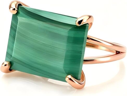 خاتم الملكيت بقطع الزمرد - خاتم من الفضة الإسترليني عيار 925 من الأحجار الكريمة - مجوهرات من الحجر المستطيل الأخضر - مجوهرات فضية حديثة - خواتم أحجار كريمة جريئة للسيدات in Kuwait