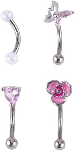 4Pcs 16G 316L Surgical Steel Eyebrow Piercing Curved Barbell for Women Dainty Pink CZ Heart butterfly Flower Pearl Eyebrow Rings Studs Rook Cartilage Earrings Belly Ring Body Piercings Jewelry in Kuwait