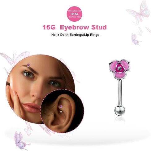 4Pcs 16G 316L Surgical Steel Eyebrow Piercing Curved Barbell for Women Dainty Pink CZ Heart butterfly Flower Pearl Eyebrow Rings Studs Rook Cartilage Earrings Belly Ring Body Piercings Jewelry in Kuwait