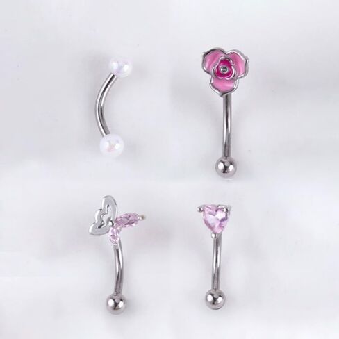 4Pcs 16G 316L Surgical Steel Eyebrow Piercing Curved Barbell for Women Dainty Pink CZ Heart butterfly Flower Pearl Eyebrow Rings Studs Rook Cartilage Earrings Belly Ring Body Piercings Jewelry in Kuwait