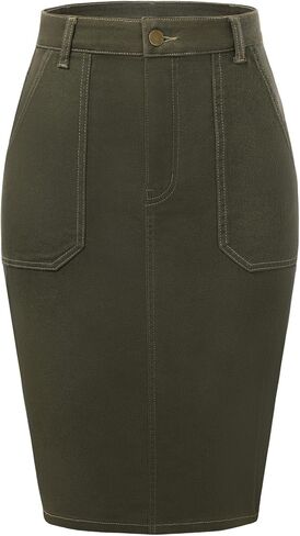 Belle Poque Women's Denim Skirt Stretchy High Waisted Below Knee Length Jean Skirt with Pockets Spring Summer Trendy 2026 in Saudi Arabia