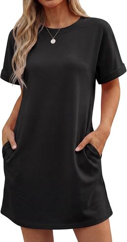 GRECERELLE Women's Summer Short Sleeve Tee Shirt Dress Crew Neck Casual Mini Sundress with Pockets in Kuwait