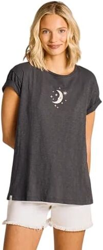 Life is Good. Women's Moon Maiden and Star Short Sleeve Textured Slub Tee, Faded Black in Saudi Arabia
