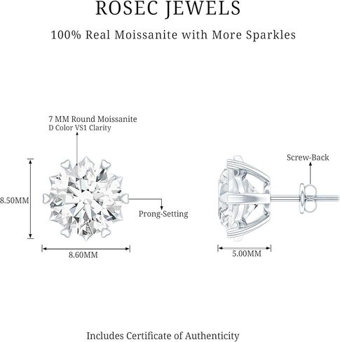 أقراط سوليتير مويسانيتي معتمدة من الفضة المطلية بالذهب، جودة D-Vs1، ترصيع مويسانيتي دائري 7 مم مع برغي خلفي in Kuwait