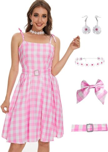 Poboola Pink Gingham Dress Plaid Adult Costumes for Women Cosplay Outfit Halloween Party Movie with Accessories in Kuwait