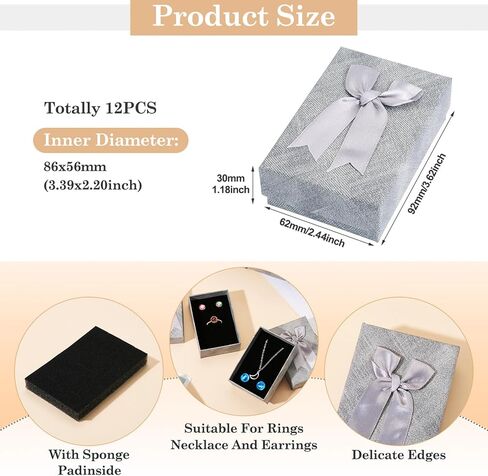 12Pcs Jewelry Boxes Set Rectangle Jewelry Storage Boxes with Black Sponge 3.62x2.44x1.18 Inch Cardboard Paper Jewelry Packaging Boxes for Necklace Rings Earrings - Gray in Kuwait