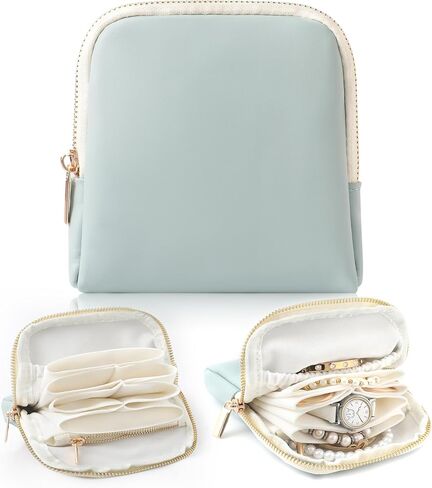 Genuine Leather Travel Jewelry Organizer Case Pouch Bags with Zipper, Small Mini Portable Jewelry Storage Bag for Ring Earrings Necklace Bracelet Travel Essentials Gift for Women（Cyan） in Saudi Arabia