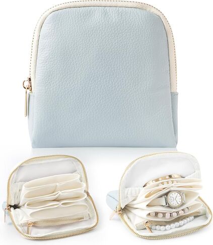 Genuine Leather Travel Jewelry Organizer Case Pouch Bags with Zipper, Small Mini Portable Jewelry Storage Bag for Ring Earrings Necklace Bracelet Travel Essentials Gift for Women（Cyan） in Saudi Arabia