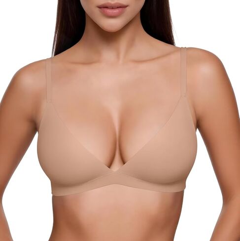 Vertvie Womens Deep V Wireless Bras Triangle Bralette Plunge Unlined Bras No Underwire No Padding Everyday Bra(Nude,Large) in Saudi Arabia