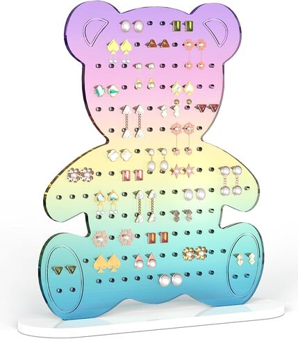 NiHome Rainbow Gradient Bear Earring Holder – 140 Holes Acrylic Jewelry Organizer for 50–70 Pairs Studs & Hooks, Cute Teddy Bear Display Stand, Gift for Girls Teens Women in Saudi Arabia