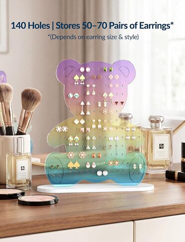 NiHome Rainbow Gradient Bear Earring Holder – 140 Holes Acrylic Jewelry Organizer for 50–70 Pairs Studs & Hooks, Cute Teddy Bear Display Stand, Gift for Girls Teens Women in Saudi Arabia