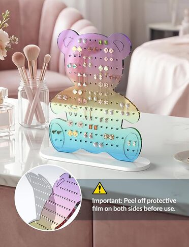 NiHome Rainbow Gradient Bear Earring Holder – 140 Holes Acrylic Jewelry Organizer for 50–70 Pairs Studs & Hooks, Cute Teddy Bear Display Stand, Gift for Girls Teens Women in Saudi Arabia