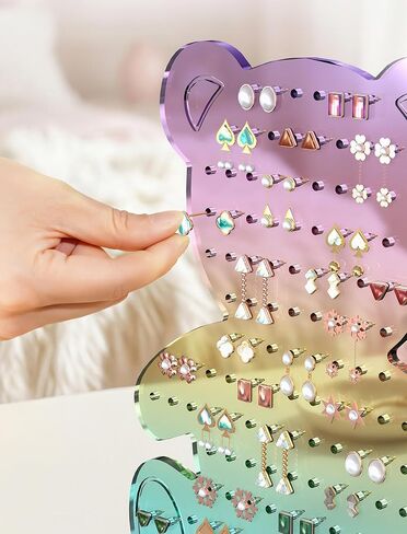 NiHome Rainbow Gradient Bear Earring Holder – 140 Holes Acrylic Jewelry Organizer for 50–70 Pairs Studs & Hooks, Cute Teddy Bear Display Stand, Gift for Girls Teens Women in Saudi Arabia