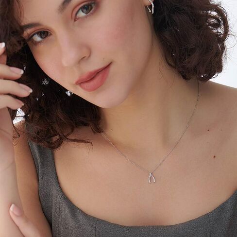 Wishbone Women's Necklaces, 1/8 Carat Lab Grown Diamond Pendant, Dainty 925 Sterling Silver Chain, Hypoallergenic & Light Sterling Silver Necklace, Birthday Gift for Women, Girlfriend, Mom & Sister in Kuwait