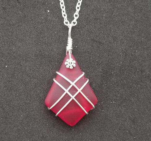 yinahawaii Hawaii Handmade Sea Glass Necklace, Red Wire Criss-Cross Beach Glass Jewelry, Directly From Our Island of Oahu, Hawaiian January Birthday Gift in Kuwait